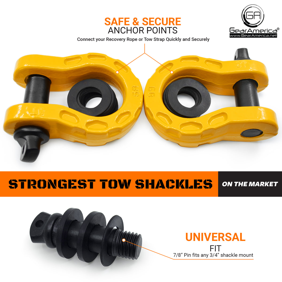 Mega Shackles ® Yellow (2PK) Forged Carbon Steel 68,000 lbs MBS –  GearAmerica