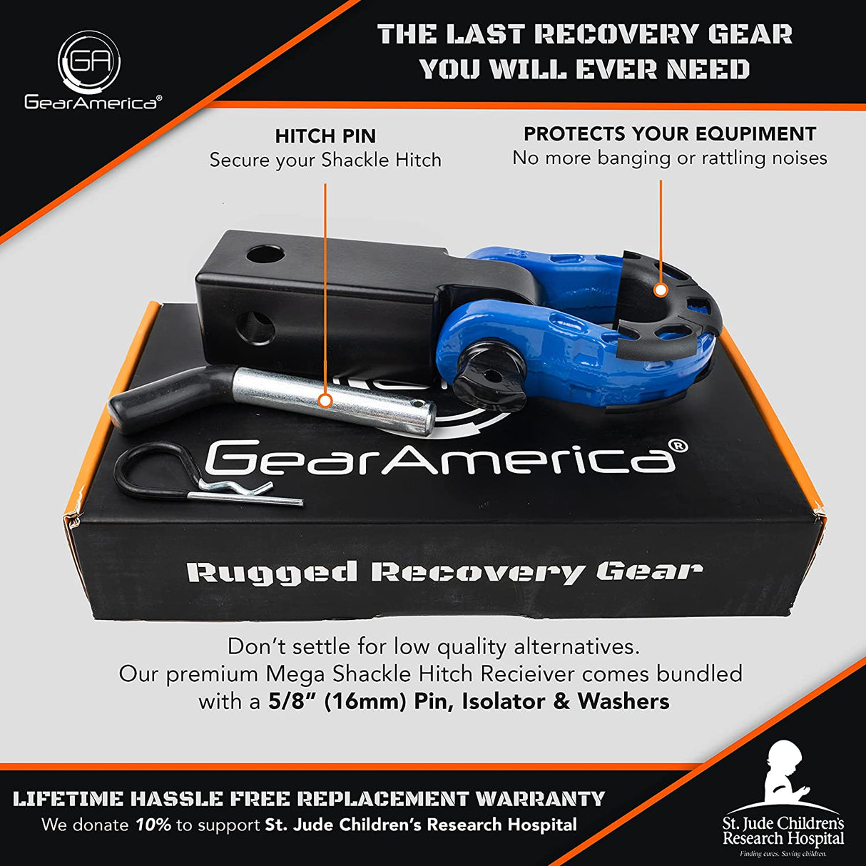 GearAmerica Aluminum Hitch Receiver 2" x 2" Black + Blue Mega Shackle®