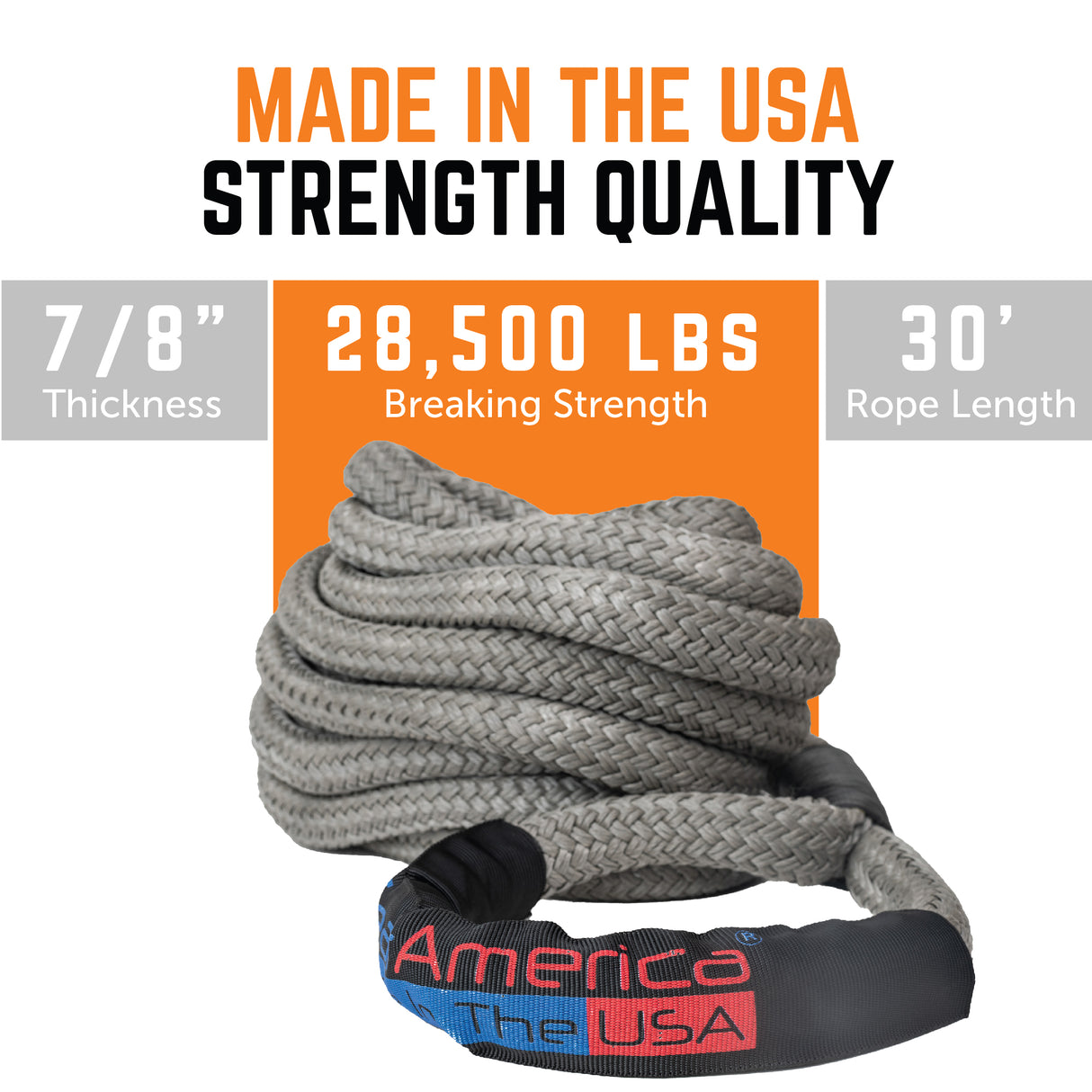 Kinetic Recovery Rope 7/8” x 30' (GREY) | 28,500 lbs Breaking Strength | Made in The USA