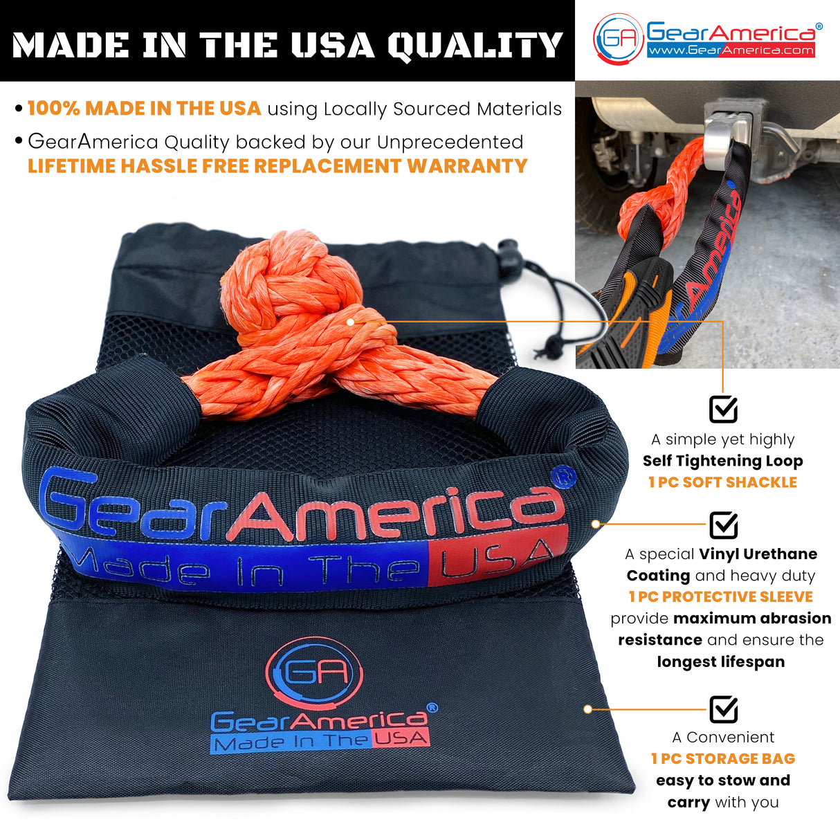 GearAmerica ½” Synthetic Soft Shackle | 45,000 lbs Breaking Strength (ORANGE)- Made in The USA