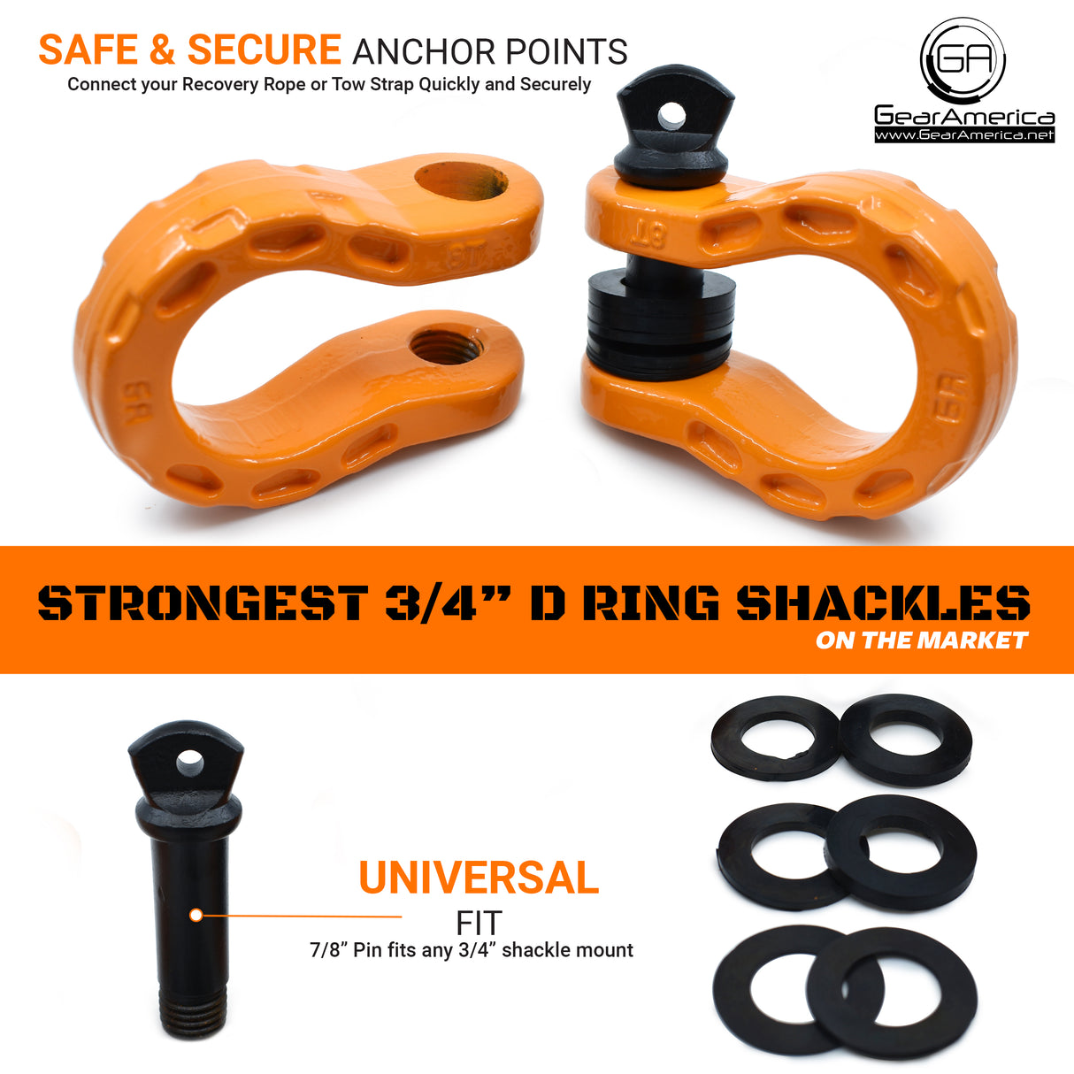 Mega Shackles ® - Orange (2PK) | Forged Carbon Steel | 68,000 lbs MBS (16,000 lbs WLL) | Off-Road Recovery Anchor Points